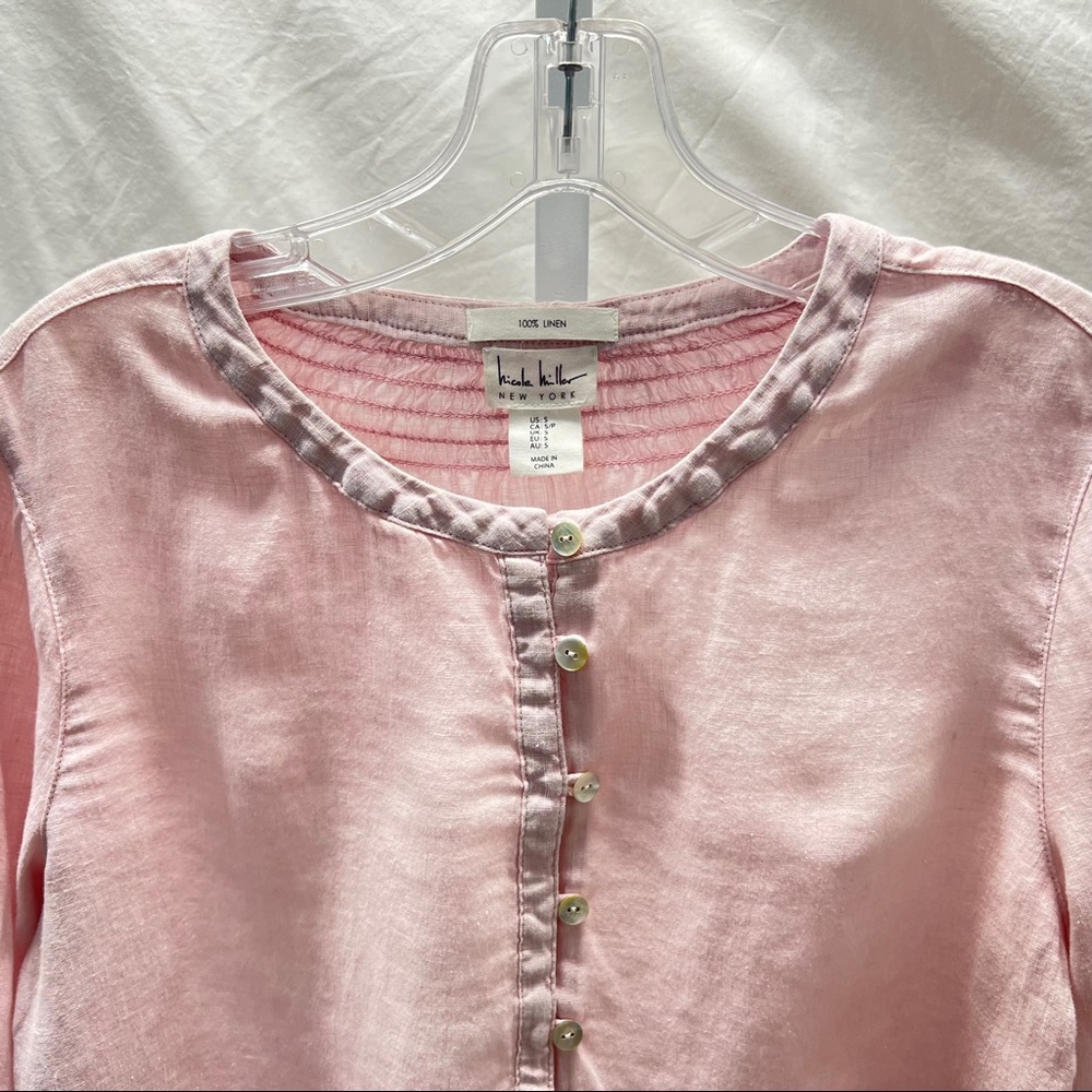 Nicole Miller Womens S Blouse Light Pink Linen Half Button pullover 3/4 Sleeves